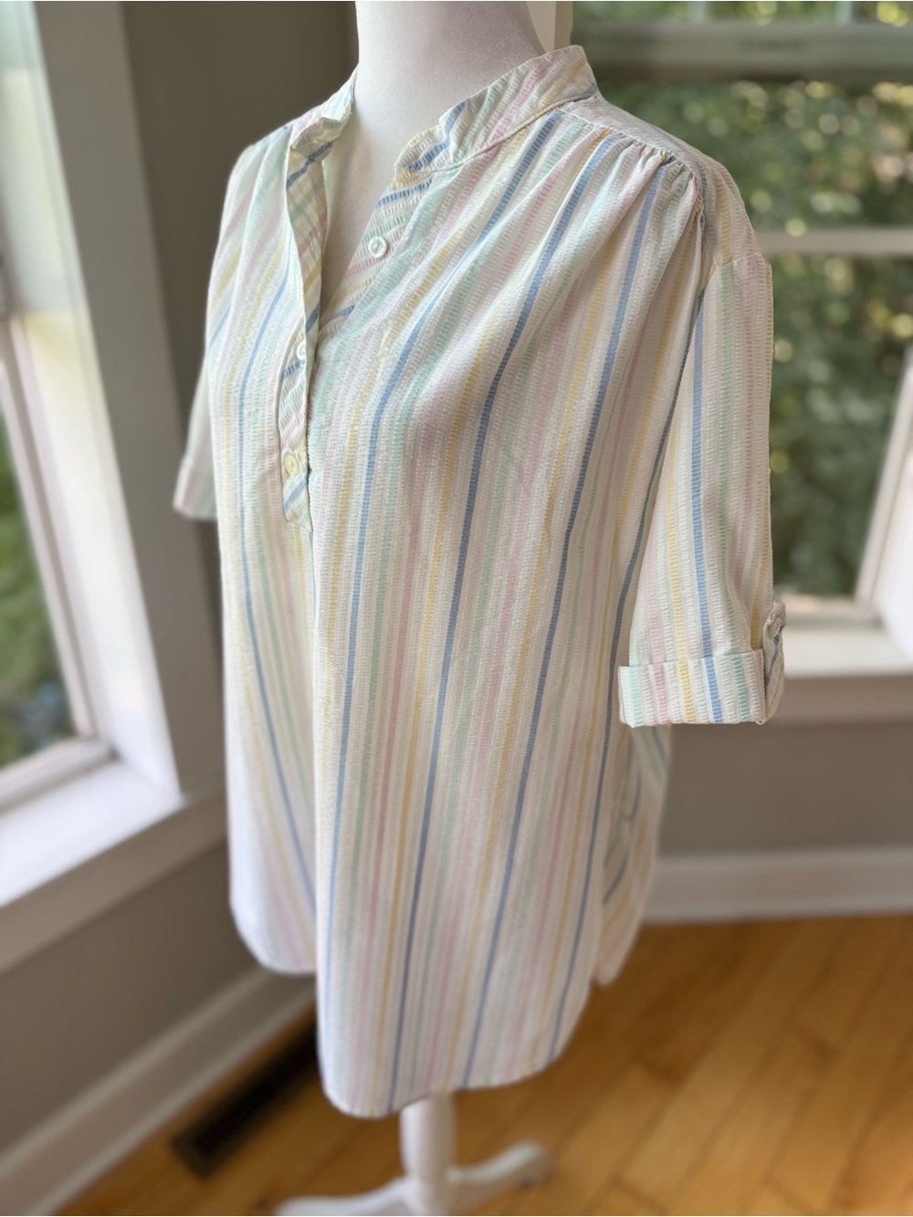 Vintage 80s 90s Pastel Pink White Blue Stripe Short Sleeve Blouse Sz 20W - Picture 2 of 10
